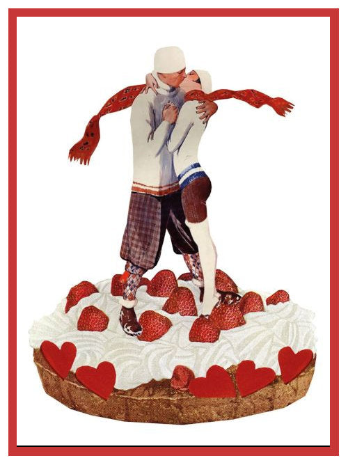 Illustrated postcard showing a couple embracing while standing on a cake topped with strawberries and red hearts