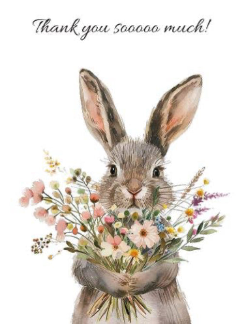 Illustration of a rabbit holding flowers with 'Thank you sooooo much!' text above.