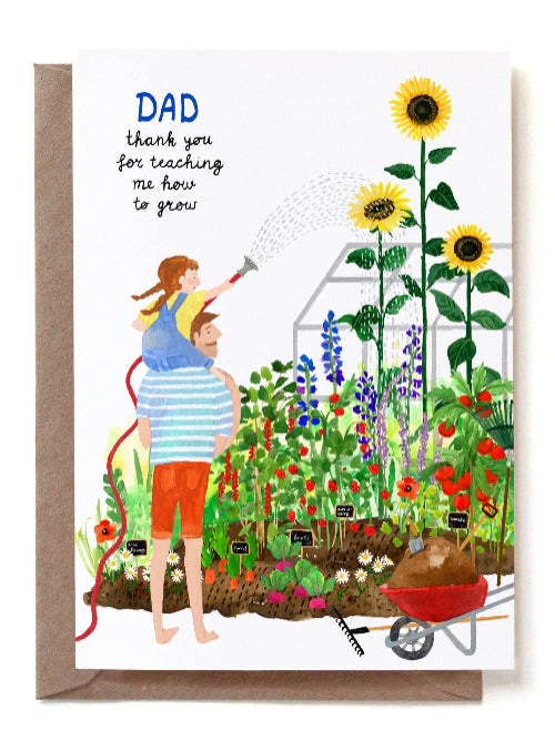 Greeting card with illustration of a father and daughter in a garden, featuring sunflowers and a child watering plants "Dad, thank you for teaching me how to grow