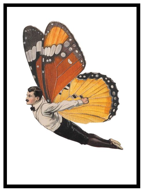 Designer postcard illustration of a man in old-style evening wear flying with Monarch butterfly wings.