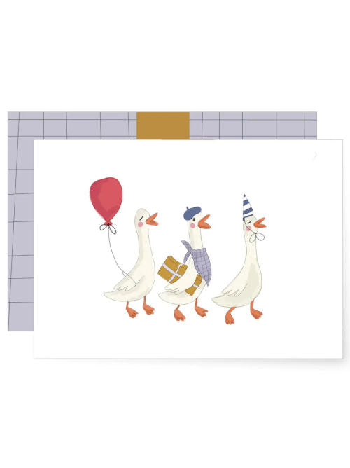 Illustration of three geese marching together, one with a red balloon, one carrying a present, and one wearing a party hat on a playful celebration greetings card.
