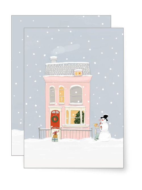 A snowy background for this beautifully illustrated cosy winter home. Perfect for a Christmas card  or a New Home card. 