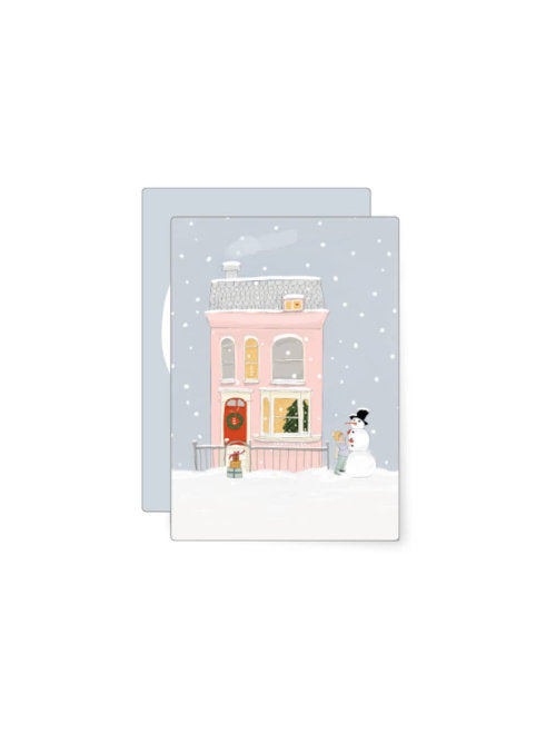 A snowy background for this beautifully illustrated cosy winter home. Perfect for a Christmas mini postcard or a New Home card. 