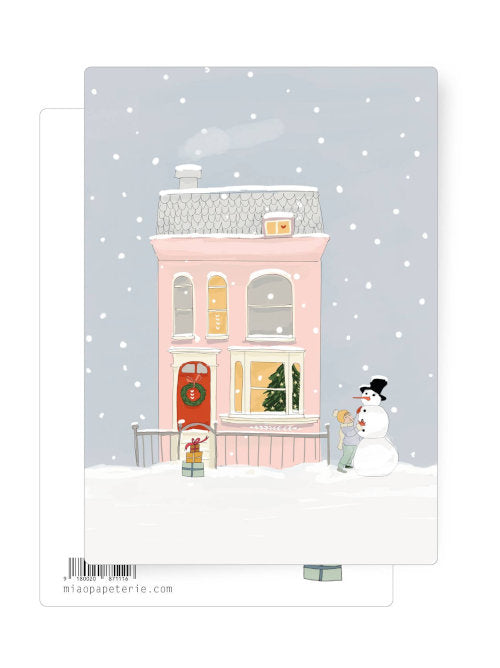 A snowy background for this beautifully illustrated cosy winter home. Perfect for a Christmas postcard or a New Home card. 