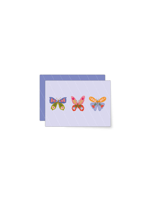Decorative illustration of three bright butterflies on a soft lilac background, cheerful nature themed birthday mini card.