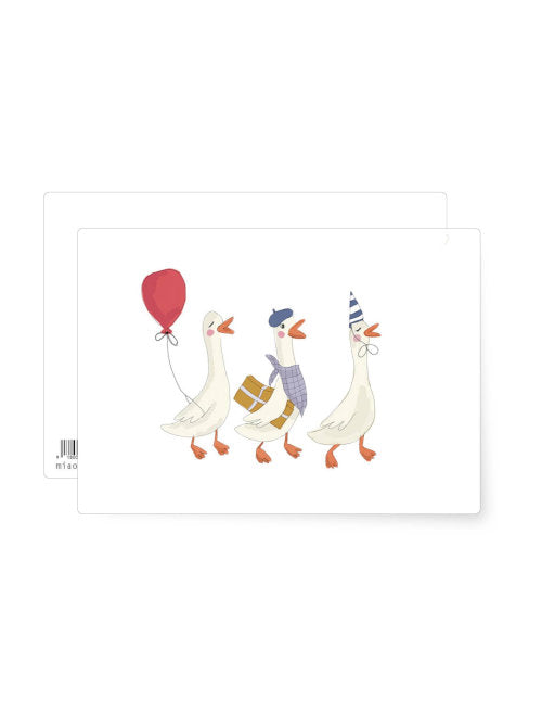 Illustration of three geese marching together, one with a red balloon, one carrying a present, and one wearing a party hat on a playful birthday postcard.