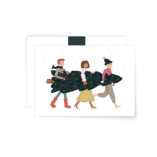 This lovely illustrated postcard shows three individuals in warm clothes out in the snow, carrying a large christmas tree together. 