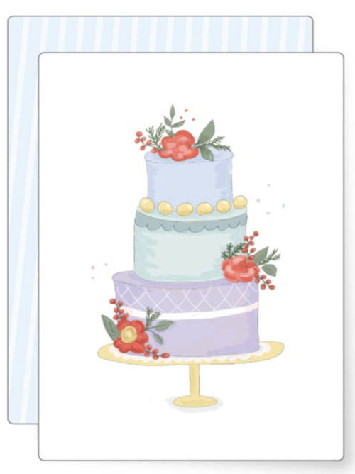 Illustration of a three tier decorated celebration cake with flowers and pastel icing, elegant hand drawn greeting card suitable for many occasions.