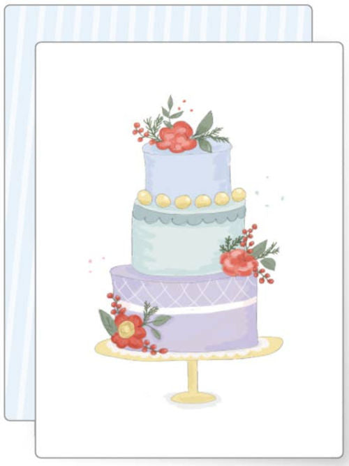 Illustration of a three tier decorated celebration cake with flowers and pastel icing, elegant hand drawn mini greeting card suitable for many occasions.