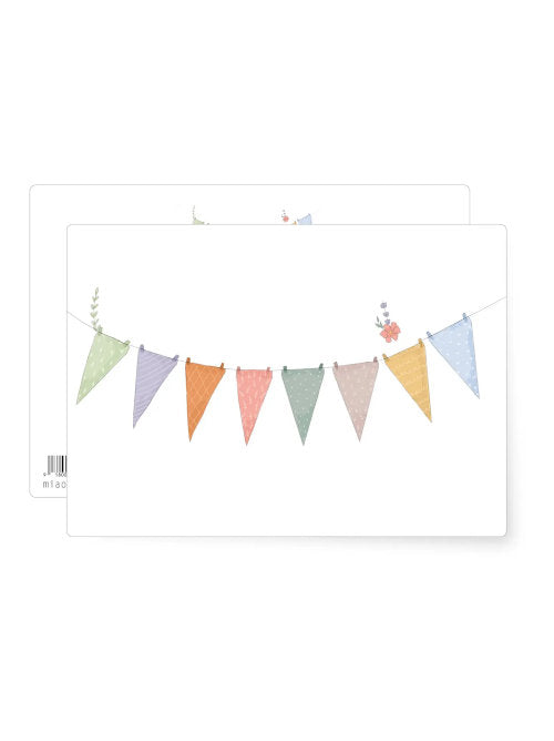 Hand-llustrated postcard with colourful bunting flags hanging on a string against a white background. Perfect for all celebrations. 