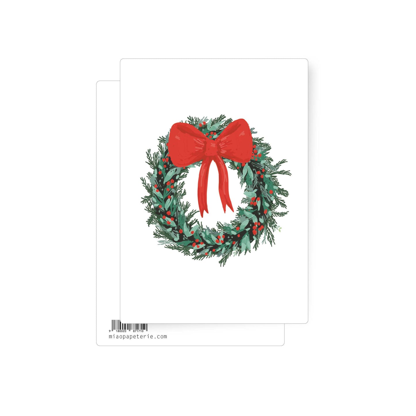 This is a traditional Christmas postcard with a scene of a hand-illustrated wreath and red bow on a white background