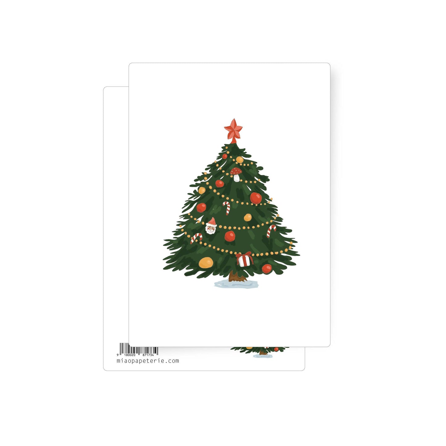 Beautifully illustrated christmas tree dressed with tinsel and small gifts in a modern style with a start on top. A lovely Christmas postcard. 
