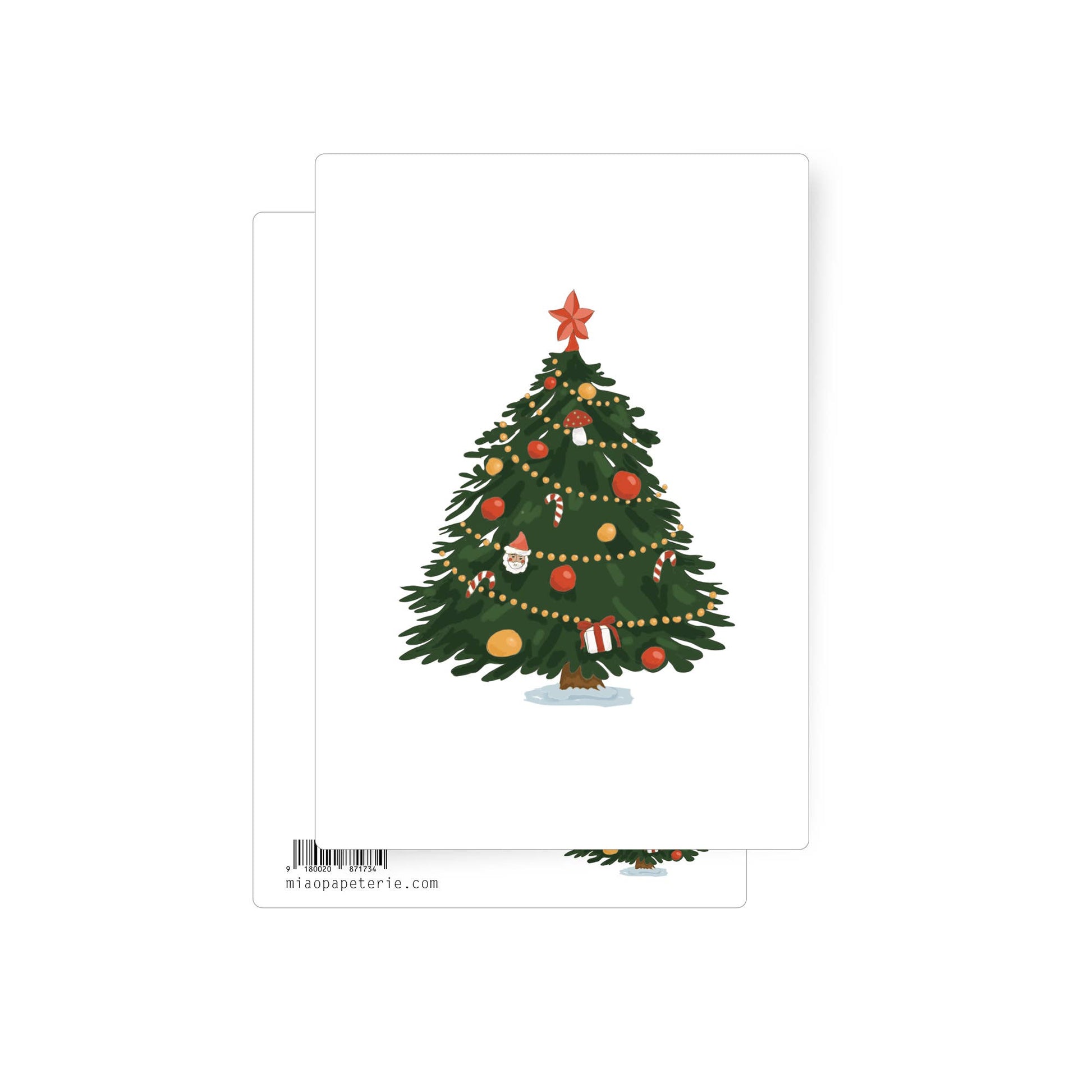 Beautifully illustrated christmas tree dressed with tinsel and small gifts in a modern style with a start on top. A lovely Christmas postcard. 