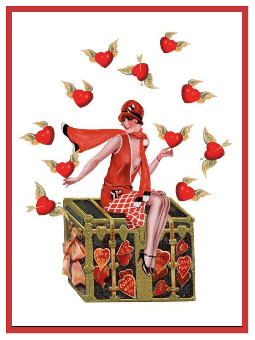 Greetings card showing a woman in red seated on a decorated trunk surrounded by winged red hearts