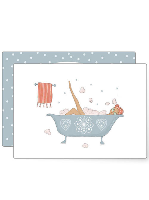 Mini card with a white background showing a vintage bath and a woman enjoying some relaxation. 