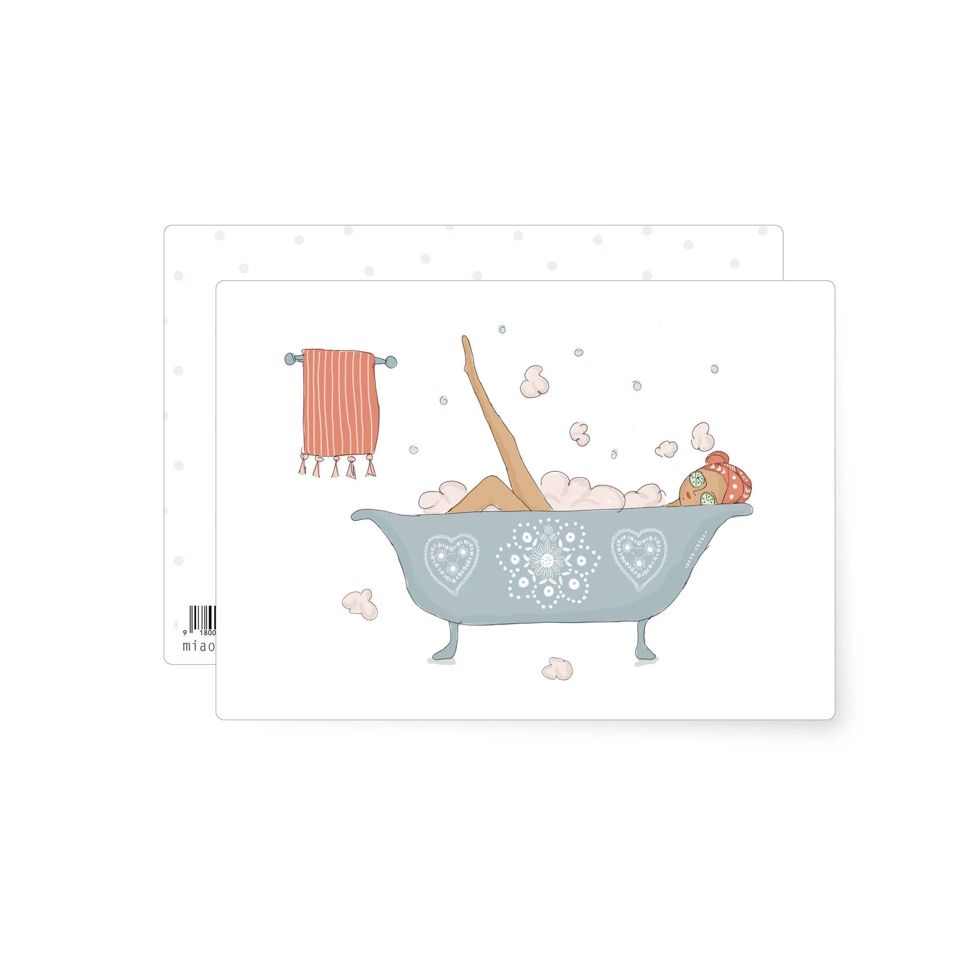 Postcard with a white background showing a vintage bath and a woman enjoying some relaxation. 