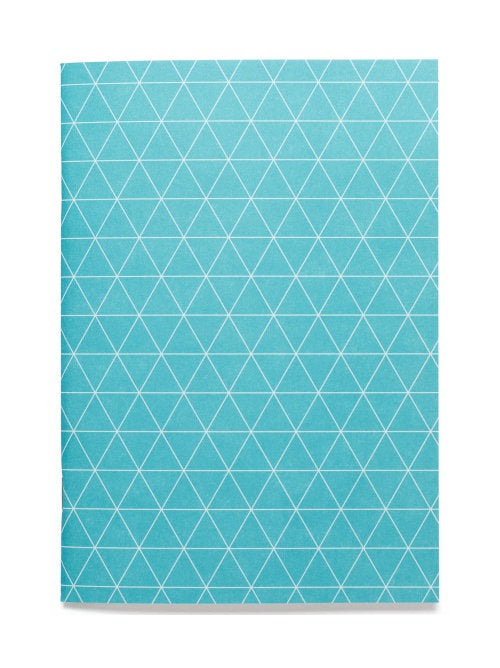 front cover of the turquoise blue softcover notebook with triangle geometric design. 