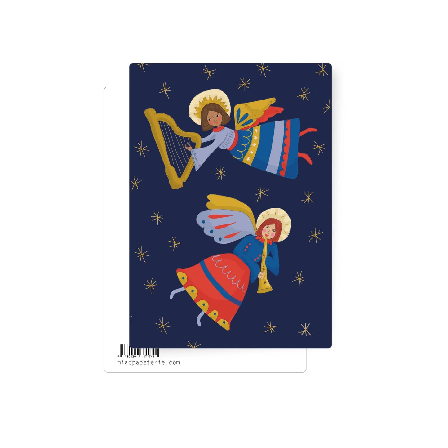 This is a wonderful christmas postcard with a deep blue night sky and twinkly stars. Two angels are playing music as they fly around with their harp and flute. A beautiful hand-illustrated postcard.