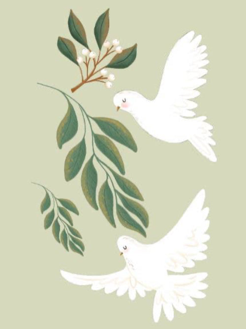 Two white doves and green leaves on a light green background