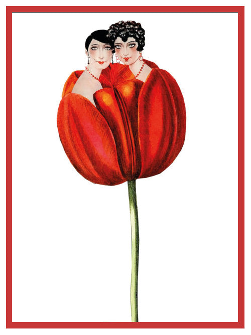 Illustrated postcard showing two women in red emerging from a large red tulip