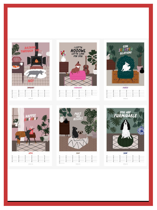Six illustrated monthly pages from an undated wall calendar displayed in a grid layout