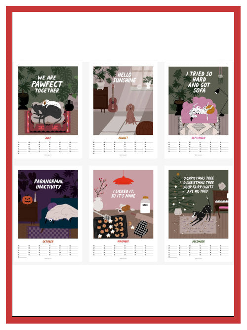 Six illustrated monthly pages from an undated wall calendar displayed in a grid layout