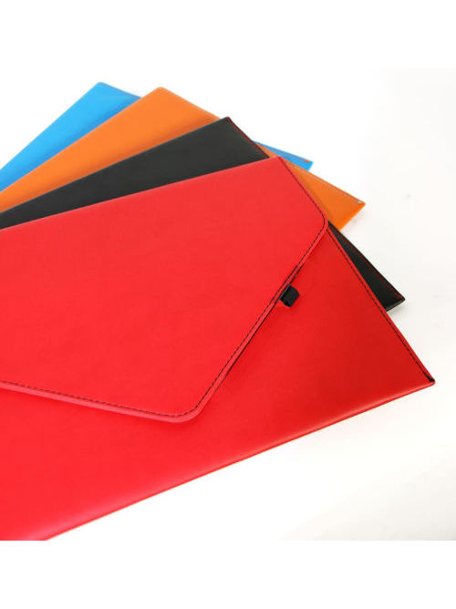Vegan leather A4 document folder shown in red with other colour options behind, envelope flap design for professional organisation.
