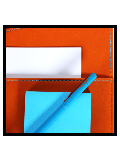Orange vegan leather document folder open to show interior space for A4 papers and pen loop with optional matching pen.