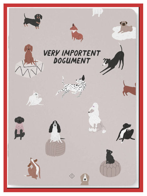 A5 notebook cover illustrated with multiple dogs and the printed title “Very Important Dogument”