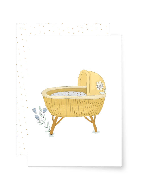 Sweet illustration of a vintage yellow baby bassinet with soft bedding and delicate floral detail, gentle new baby greetings card with a soft pastel palette.