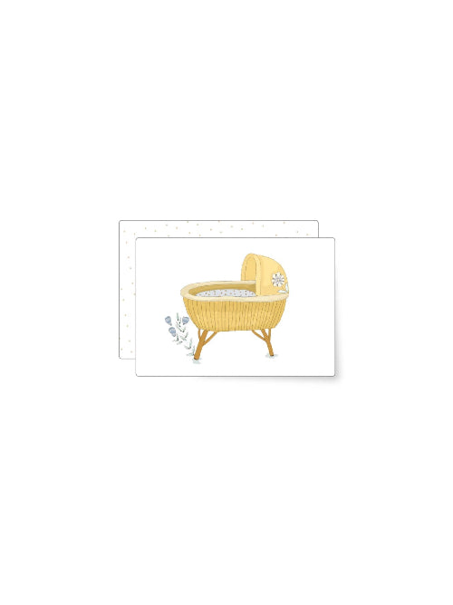 Sweet illustration of a vintage yellow baby bassinet with soft bedding and delicate floral detail, gentle new baby mini card with a soft pastel palette.