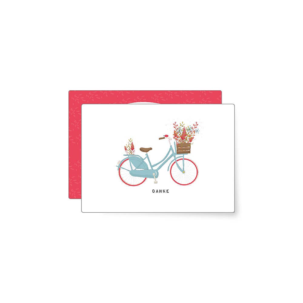 Illustration of a pastel blue vintage bicycle with a basket full of colourful flowers and the word danke, cheerful thank you mini card with a playful illustrated style.