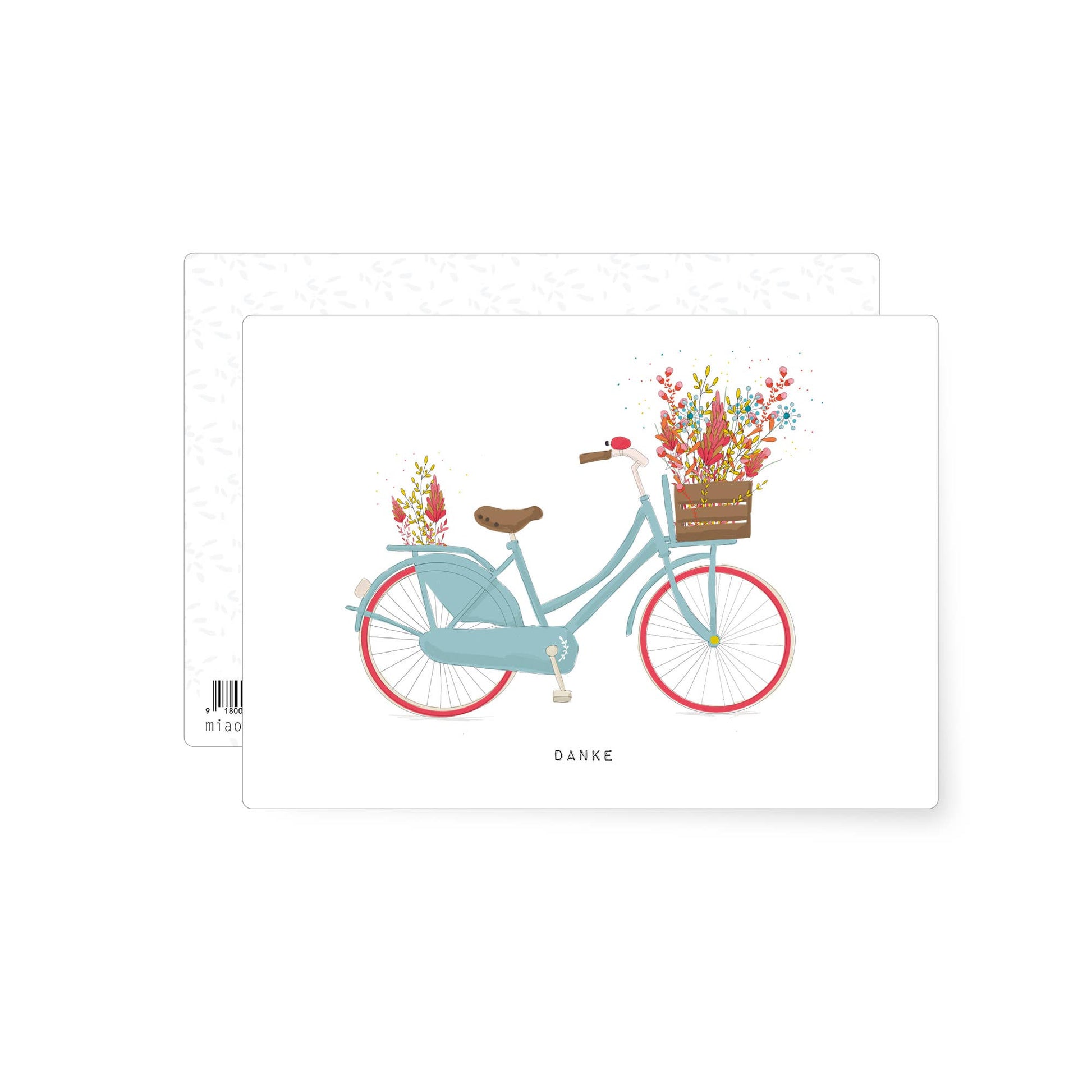 Illustration of a pastel blue vintage bicycle with a basket full of colourful flowers and the word danke, cheerful thank you postcard with a playful illustrated style.