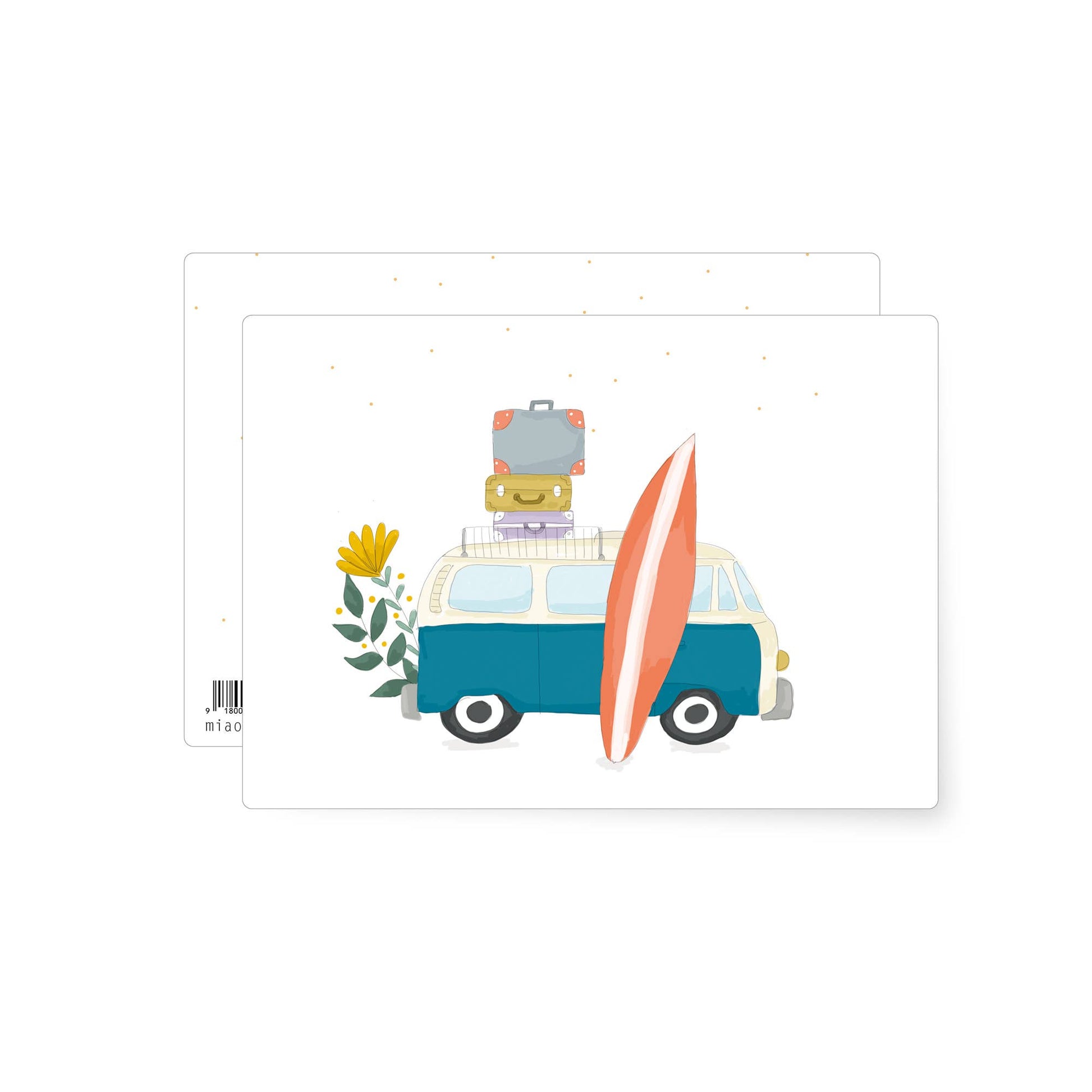 Illustration of a retro camper van with stacked suitcases and a surfboard, surrounded by soft decorative details suggesting travel and adventure.