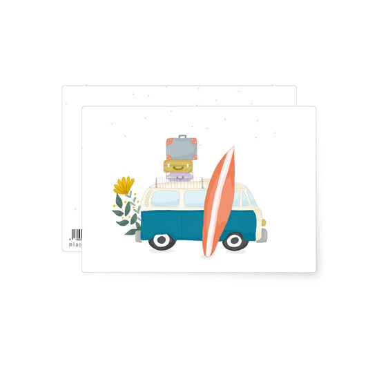 Illustration of a retro camper van with stacked suitcases and a surfboard, surrounded by soft decorative details suggesting travel and adventure.
