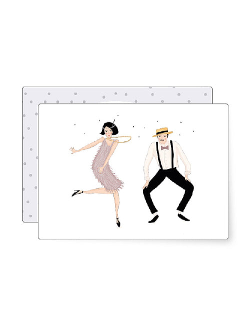 Playful illustration of a flapper style dancer and a man in suspenders dancing together, retro celebration themed birthday mini card.