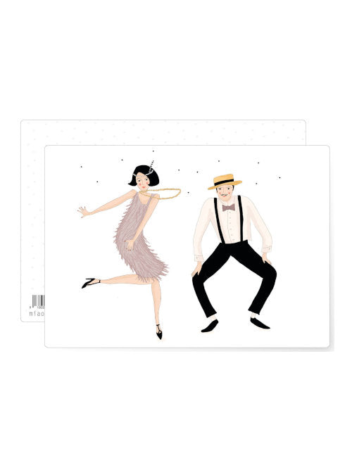 Playful illustration of a flapper style dancer and a man in suspenders dancing together, retro celebration themed birthday postcard.