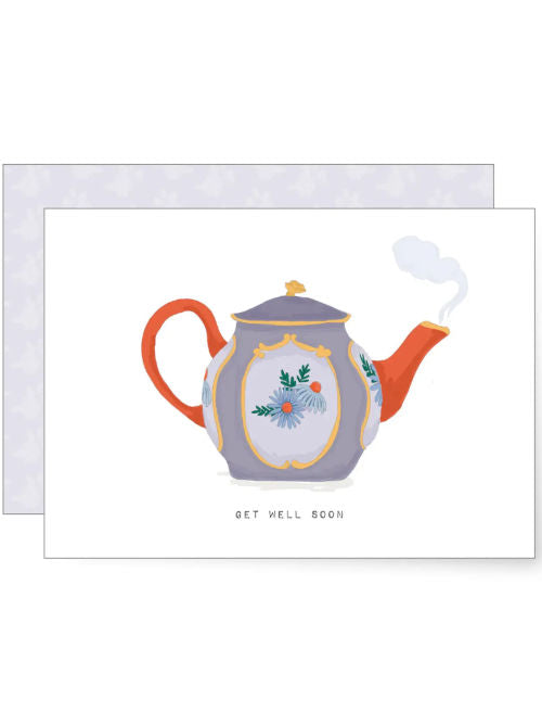 Illustrated decorative teapot with steam rising from the spout, charming get well soon greeting card.