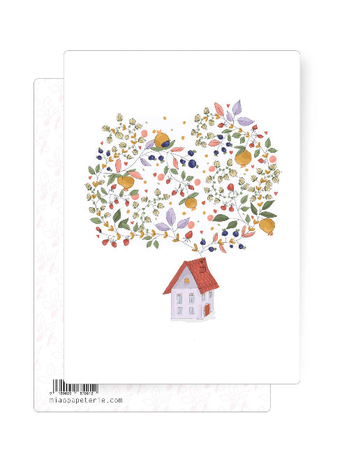 Illustrated small house beneath a large whimsical tree filled with leaves, fruit, and delicate natural details.