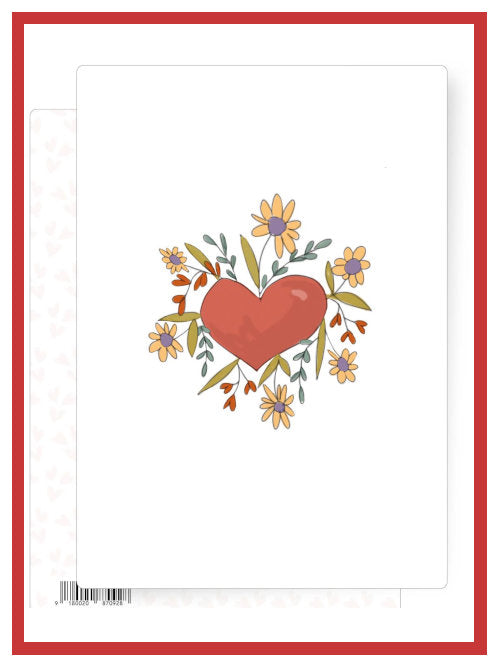 Postcard featuring terracotta red heart surrounded by small yellow and purple flowers on a light background