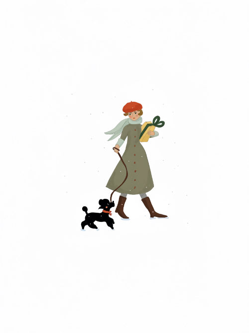 Illustration of a woman walking a dog with a gift, on a white background.