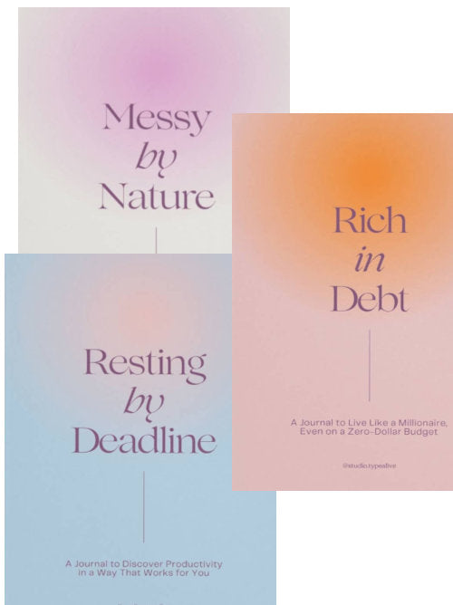 Three book covers with gradient backgrounds and text "Messy by Nature, Resting by Dealine and Rich in Debt"