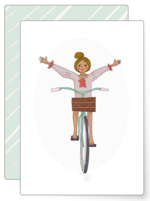 Whimsical illustration of a woman riding a bicycle with arms outstretched, joyful carefree mini greeting card.