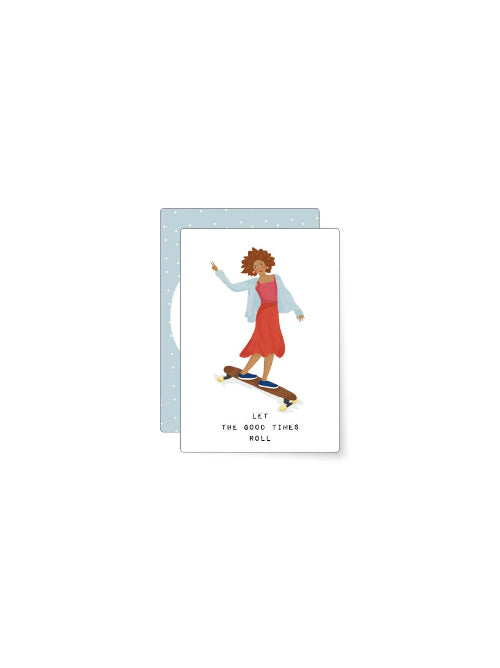 Playful illustration of a woman balancing on a skateboard with arms raised, joyful celebration mini card with a lighthearted illustrated style.