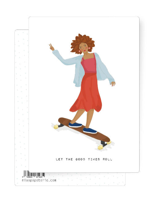 Playful illustration of a woman balancing on a skateboard with arms raised, joyful celebration postcard with a lighthearted illustrated style.