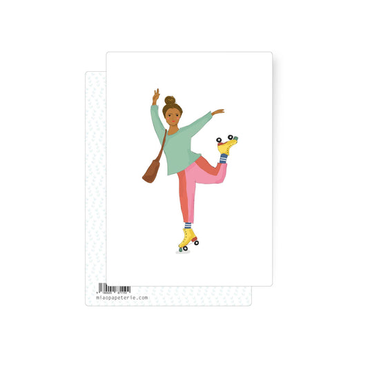 Illustration of a woman roller skating with one leg lifted, wearing bright clothing and striking a playful pose.