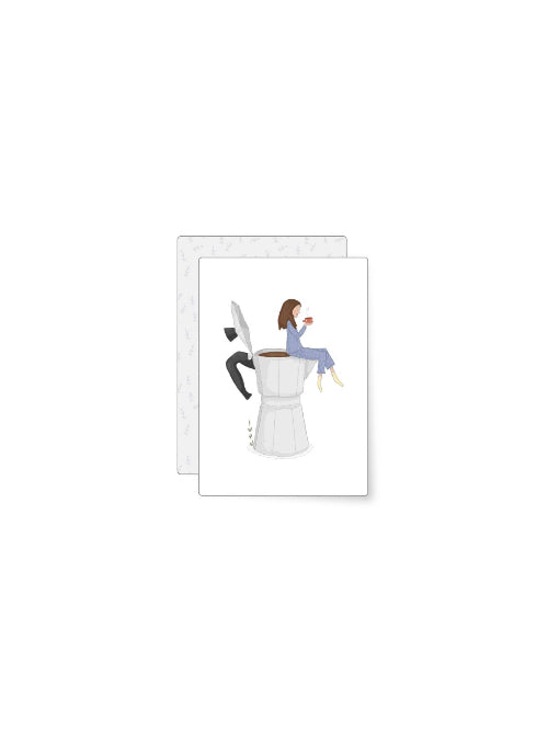 Playful illustration of a woman sitting on a stovetop moka pot while drinking coffee, whimsical lifestyle mini card for any occasion.