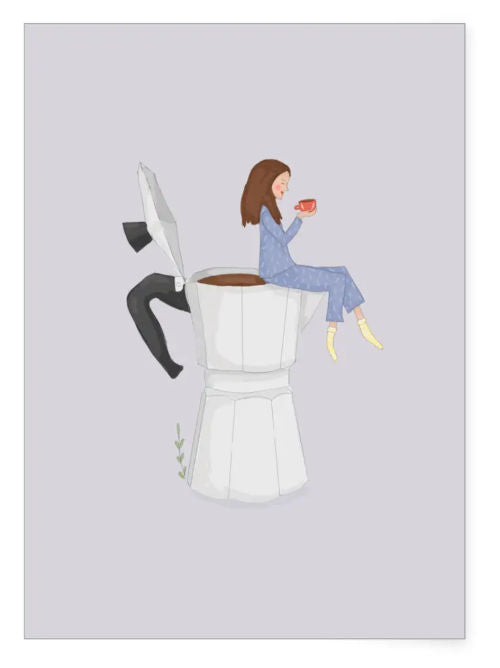 Playful illustration of a woman sitting on a stovetop moka pot while drinking coffee, whimsical lifestyle postcard for any occasion.