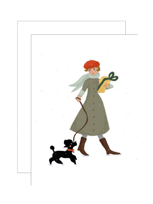 Whimsical illustration of a woman in winter clothing walking a small dog while carrying a wrapped gift, charming hand drawn greetings card suitable for many celebrations.