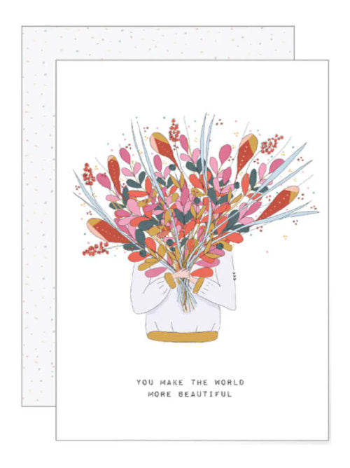 Illustration of a person holding a large colourful bouquet of stylised flowers, cheerful illustrated greeting card celebrating appreciation and kindness. Handmade and illustrated in Austrian on eco-friendly paper. 